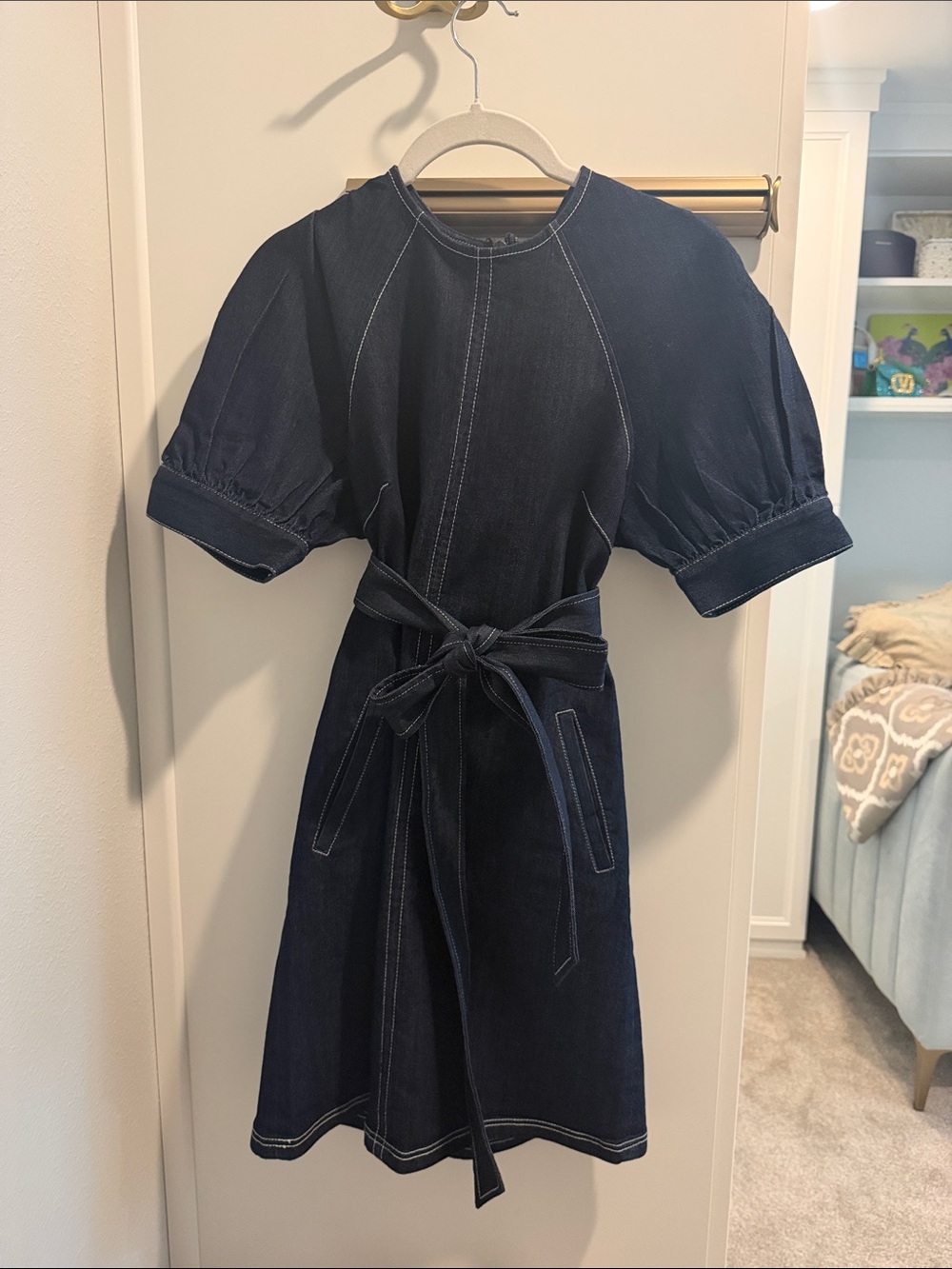 Dark Indigo Puff-Sleeve Denim Dress with Tie Waist